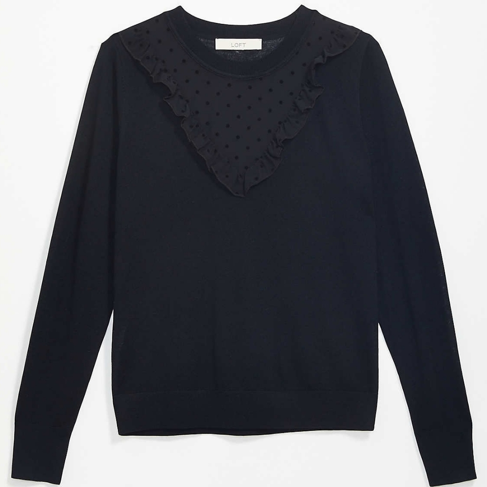 LOFT ruffled yoke slim fit round neck sweater, small, black